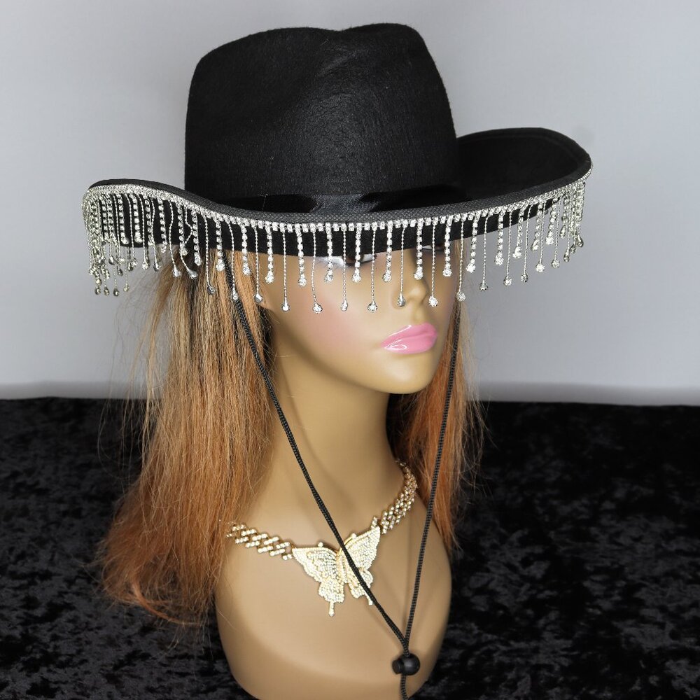 Women's Rhinestone Fringe Cowgirl Hat - Black